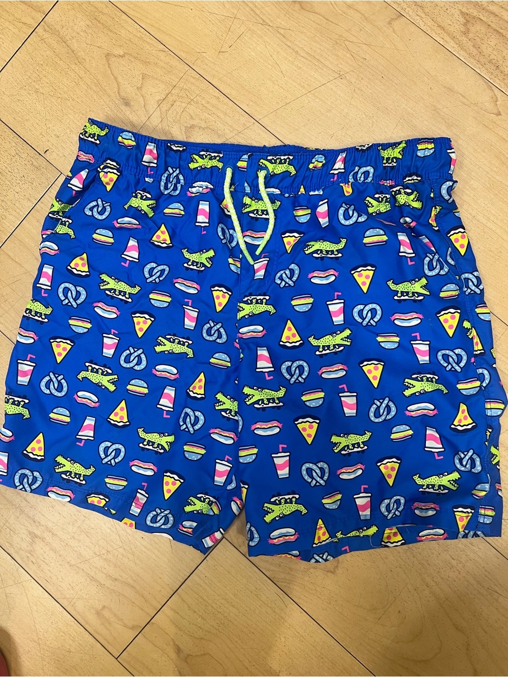 Cat & Jack Boys Blue Swim Trunks with Neon Green Drawstring and Multi-Print